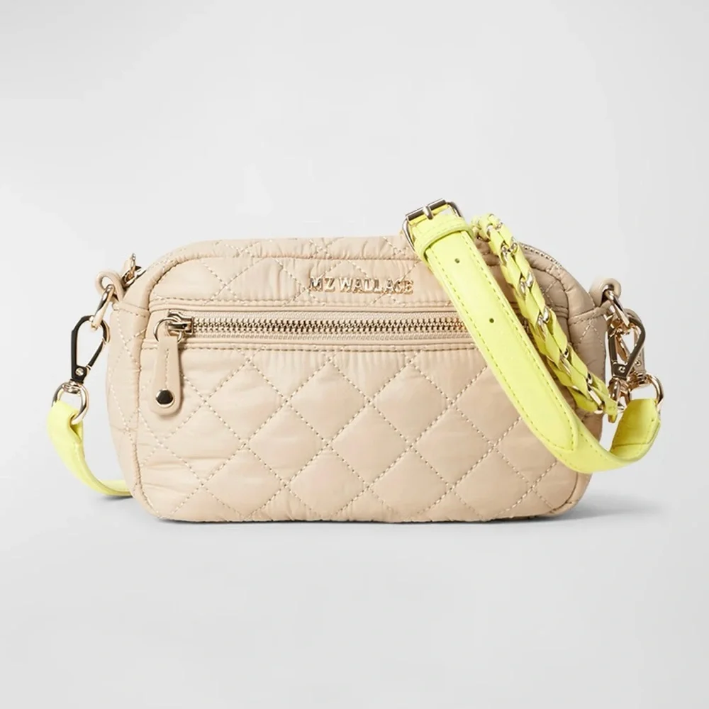 MZ Wallace Tan Buff Quilted Crosby Bag with Neon Yellow